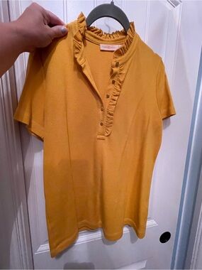 Tory Burch Mustard Ruffle Henley Short Sleeve Top
